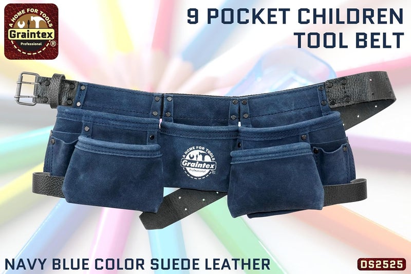 Graintex DS2525 :: 9 Pocket Children Tool Belt Navy Blue Color Suede Leather, Kids Real Tool Belt, Boys and Girls Tool Apron for Home Improvement, 1.1/2" Leather Belt, Hammer Loops - Image 2